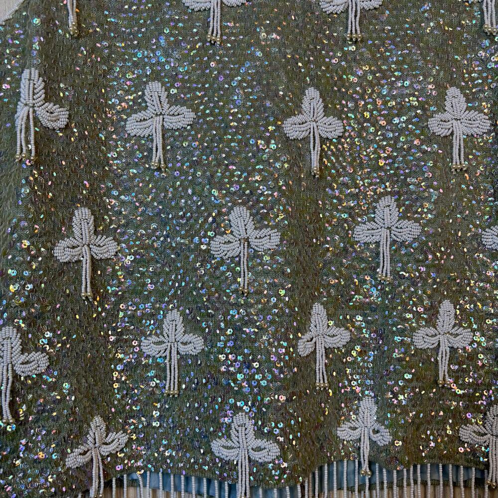 VTG Regalia Imports Floral Beaded Sleeveless Top Small Sequin 100% Wool Fringe - Picture 3 of 11